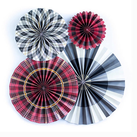 Buffalo Plaid Party Fans, Lumberjack Birthday, Paper Fans, Lumberjack Theme, Party Rosettes, Pinwheel Fans, Father's Day, Dad, For Him Il_570xn