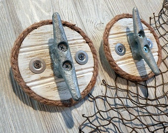 Nautical Cleat Wall Hook - Galvanized Boat Dock Cleat - Beach Decor - Coat Towel Rack - Seaside Cottage Home - Rustic Weathered - Jute Rope
