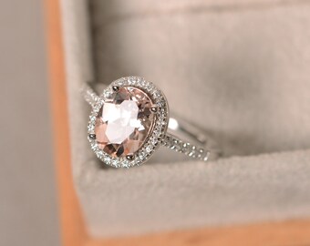 Natural morganite ring, sterling silver, pink gemstone morganite, halo ring, engagement ring