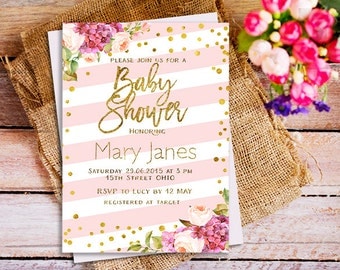 Pink and Gold baby shower invitation, pink and glitter invitation, pink gold invitation, Pink Stripes Baby Shower Invitation, blush gold