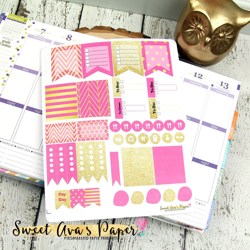 50 Pink and Gold Glitter Weekly Planner Stickers by SweetAvasPaper