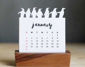 2017 Minimalist Paper Cut Desk Calendar with Solid Wood Stand \ Penguins