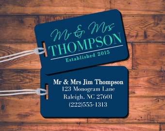 Personalized Luggage Tag Set - Mr & Mrs - Newlyweds Bag Wedding Gift Set of 2, 4, 6, or 8 Pack! Customize Personalize - Choose your Colors!
