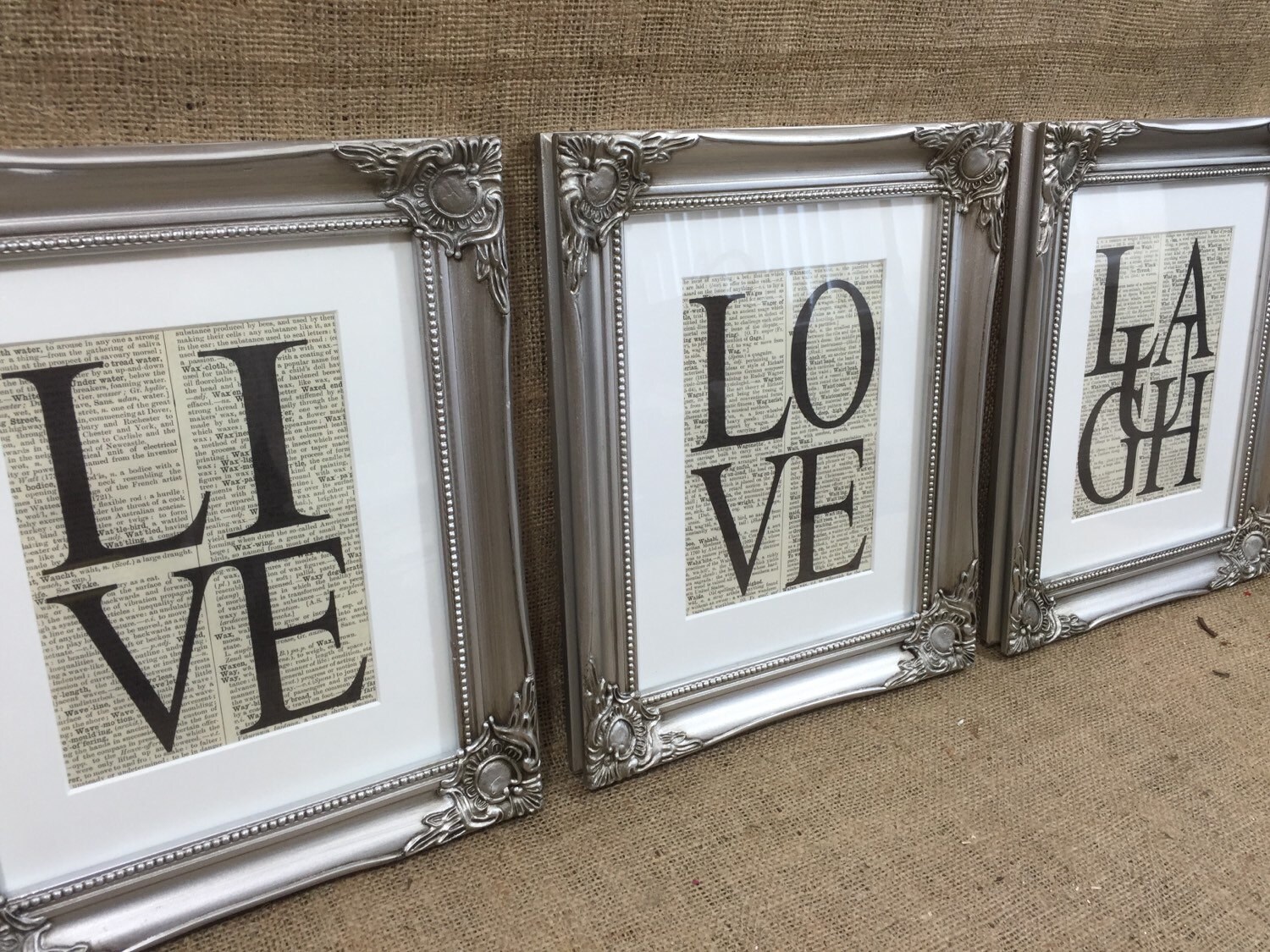 LIVE LAUGH LOVE Dictionary Prints Set of 3 Framed Word Art Prints 8x10 Silver Framed Typography Set Inspirational Words Life Quotes