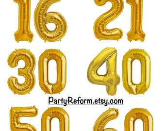 Milestone Number Balloons 16” or 34" Foil “GOLD" or “SILVER” 16th, 21st, 30th, 40th, 50th, 60th / Set of 2 Balloons / 16” Air Fill Only