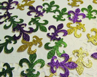 Mardi Gras Fleur de Lis die cuts- Brilliant Carnival Colors-Purple-Gold-Green Glittered - Cardmaking- Fat Tuesday - Confetti-Decor