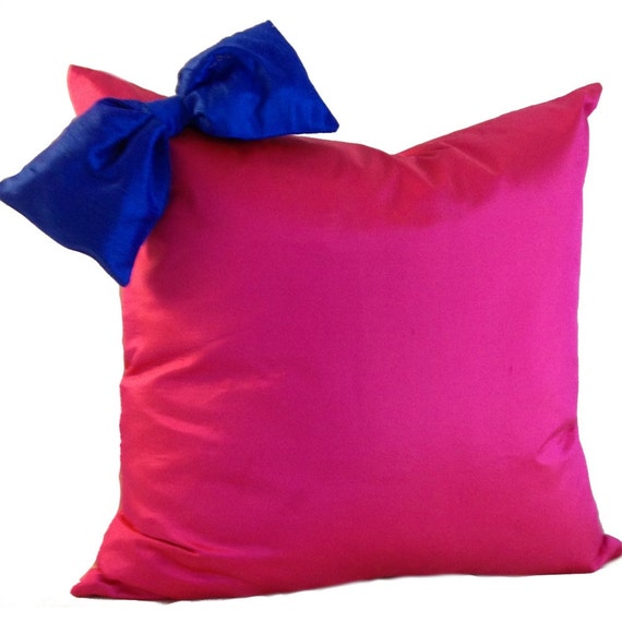 Pink and Blue Pillow Cover in SILK Pillow with Bow Silk