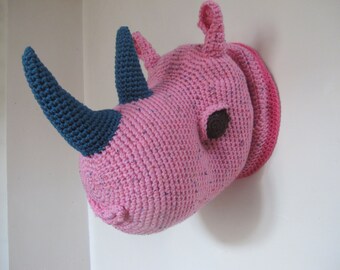 Crochet Wool Mounted Stuffed Trophy Pink Rhino Head Wall Hanging Faux Taxidermy