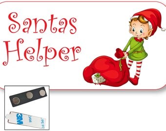 1 SANTAS HELPER Name Badge Tag w/ Elf Artwork and MAGNET Fastener Ships Free
