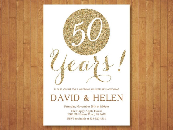 50th Wedding Anniversary Invitation. Gold Glitter. Gold and