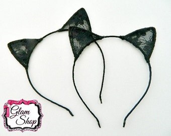 Lace Cat Ears Headband (1) - Halloween Headband - Black Cat Ears - Lace Fabric covered headband, Halloween Hair Accessory, Costume, Kawaii