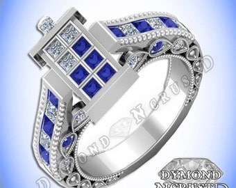 Doctor Who Inspired Tardis Blue Sapphire & Swarovski Diamond Sterling Silver or White Gold Deluxe Ring
