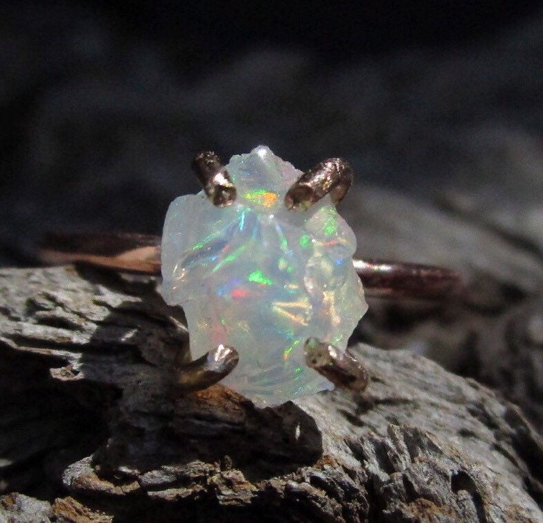 Raw Opal Ring Gold Set Opal Ring Raw Rough Rainbow Ethopian