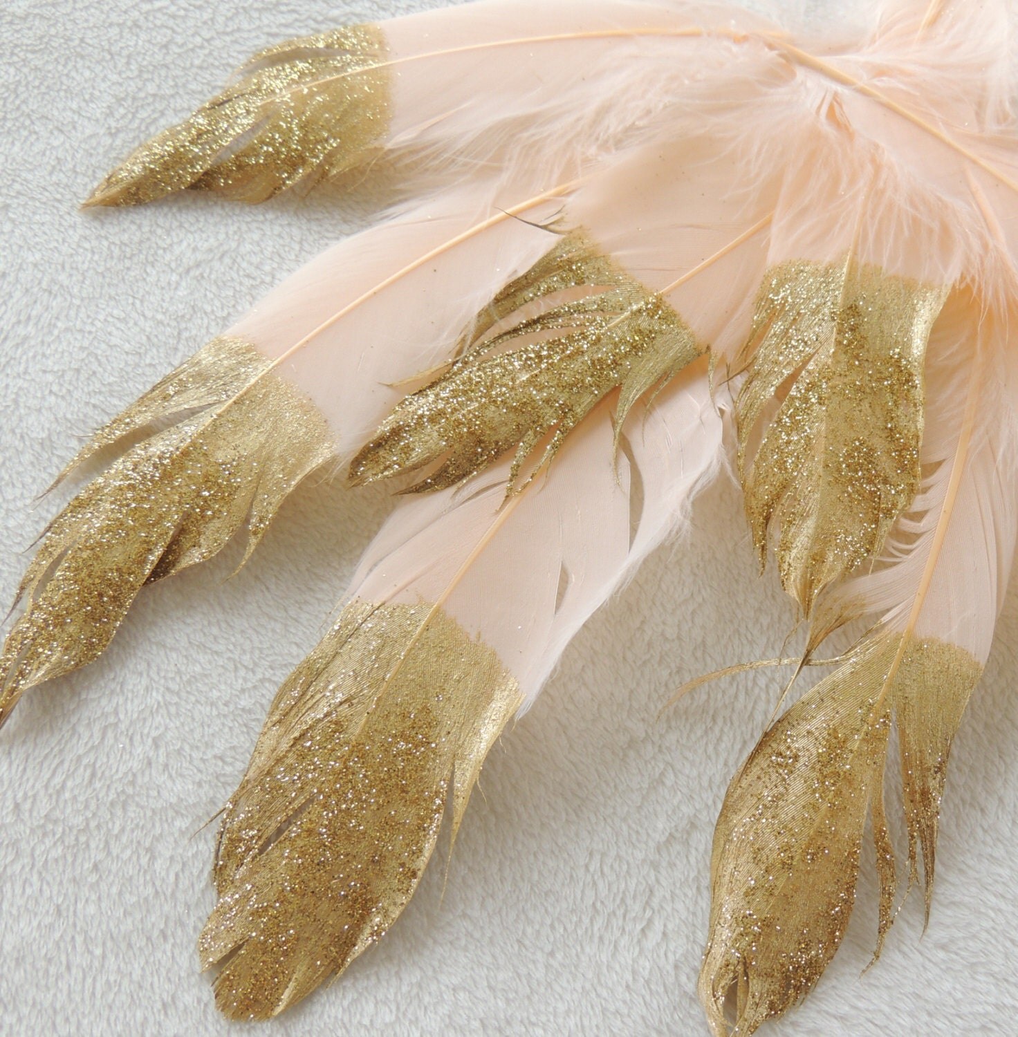 Light Peach Gold Glitter Dipped Feathers Glitter tipped/ Boho