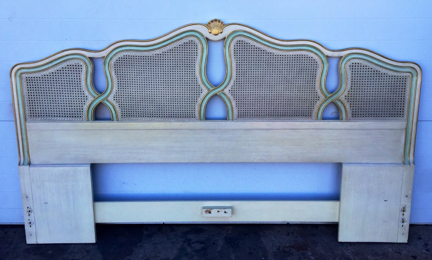 Vintage Shell Carved Cream Painted King Size Headboard with Torqoise