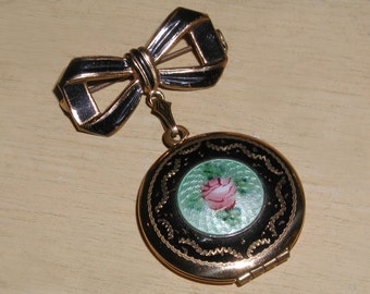 Fabulous 30's Vintage Brass & Blue Guilloche Black Enamel, Hand Painted Pink Rose 2 Photo Bow Locket Brooch Pin