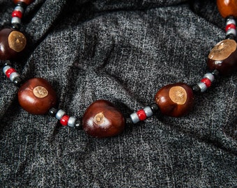 Scarlet, gray and black beads game day buckeye necklace