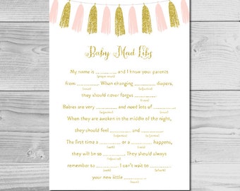 Blush Pink and Gold Glitter Tassel Baby Shower Activity - Baby Mad Libs - Instant Download Printable - Baby Girl