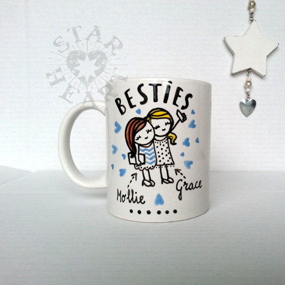 Hand Painted White Mug "Besties" - Can Be Customised With Your Features. Add Your Names or Date
