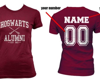 Custom Back, Hogwarts alumni white print on Maroon tee (American Apparel 2102)