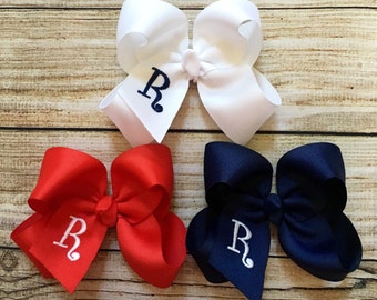 Set of 3 or 5 Medium Monogrammed Hair Bows…Personalized 4 inch Boutique Bow with Embroidered Initial…You Choose Colors!!