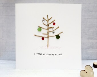 Christmas Tree Card, Handmade christmas card, twig tree, hanging baubles, cute button card, Personalised Christmas card, festive tree.