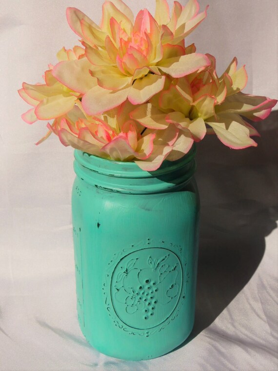 Items similar to Rustic Flower Vase, Vintage, Distressed Teal, Glass
