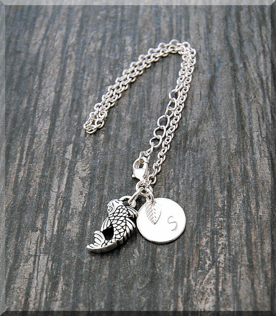 Silver Koi Fish Bracelet Initial Charm Bracelet Personalized