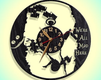 Wall Clock, Alice in Wonderland, Wooden clock 12inch(30cm), Wall Art Decor, Wood Clock, Modern, Rabbit Hole, Home decor, Gift Idea