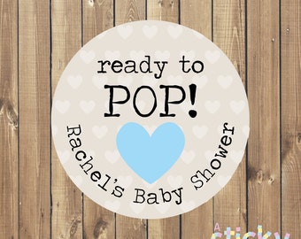 Personalized Ready to Pop Stickers, Baby Shower Sticker, Ready to Pop Label, Baby Shower Favor, Popcorn Favor Sticker, Blue Baby Shower, Boy