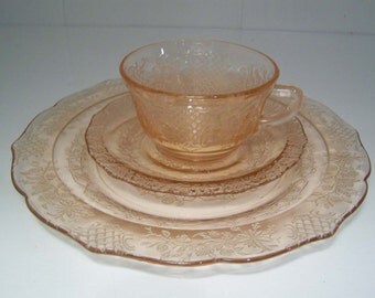 Pink Normandie Depression Glass Plates and Cup