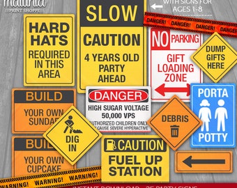 Construction Party Signs - INSTANT DOWNLOAD - 35 Construction Signs Party Decorations - Little Worker Party - Caution Danger Road Signs