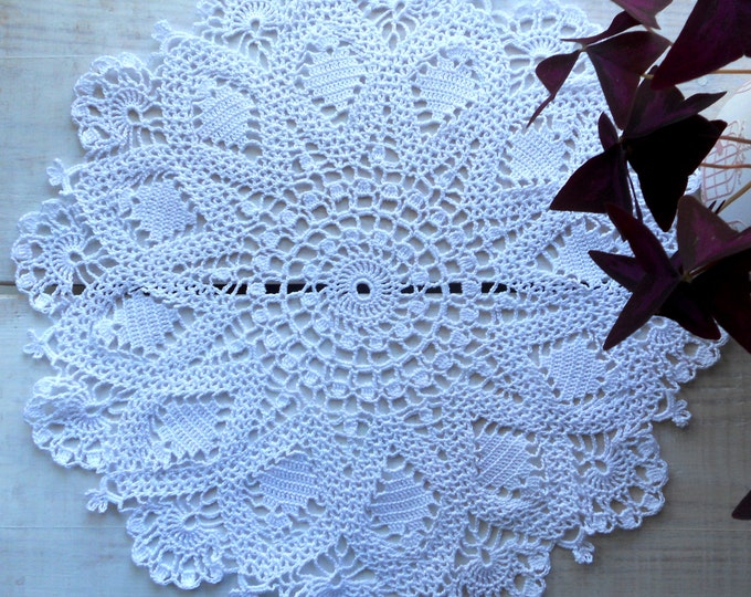 14 inch Doily, Table Decor, White Crochet Lace Doily, Rustic White Decoration, Crochet Cotton Doily, Gift Lace for Her, Table Runner