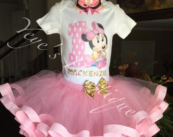 Pink and Gold Minnie Mouse Tutu Outfit | Pink and gold Minnie First Birthday | Minnie Mouse Birthday Outfit | Ribbon Tutu Outfit | Baby Minn