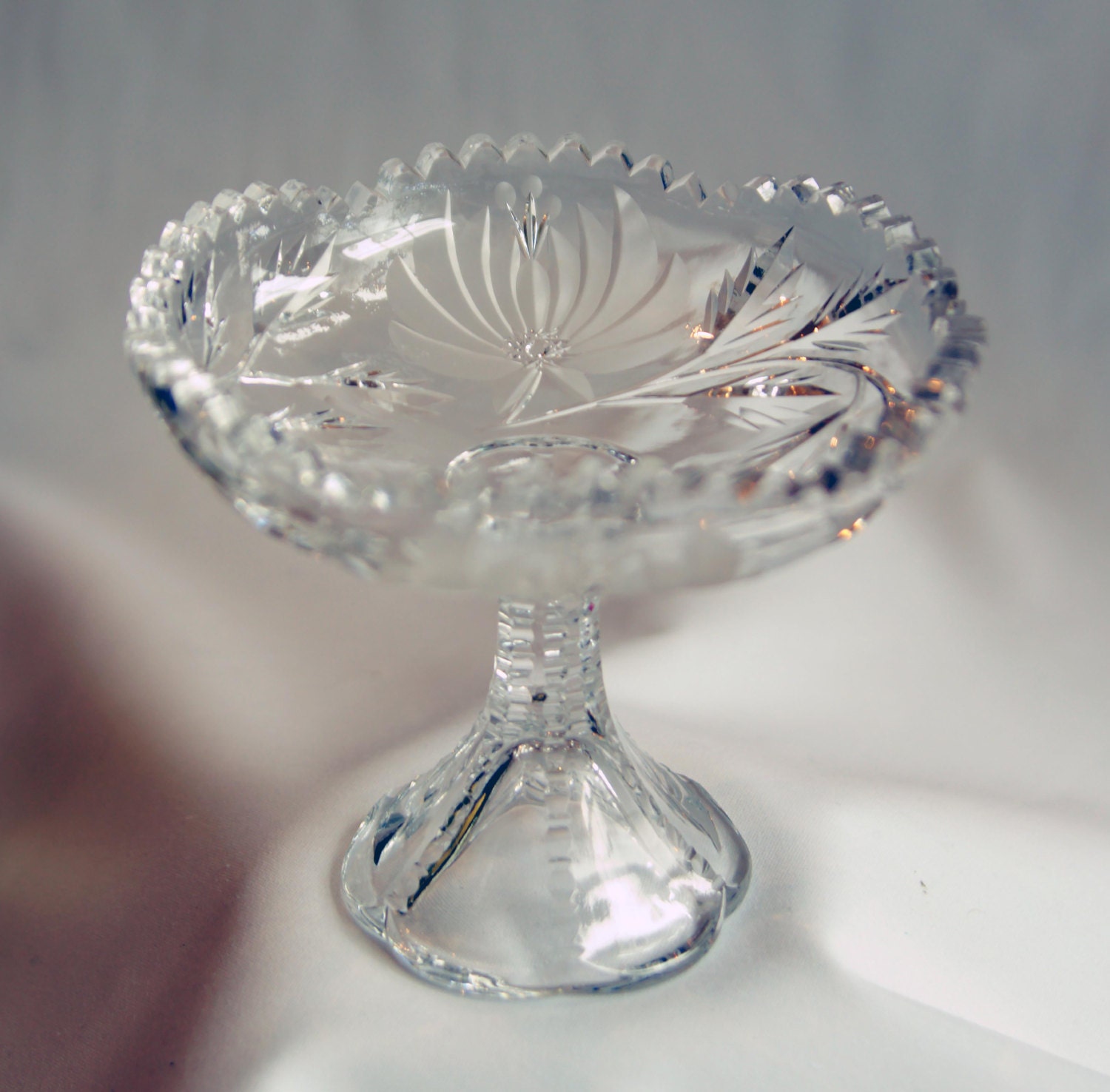 Wheel Cut Vintage Footed Crystal Compote Candy Nut DIsh
