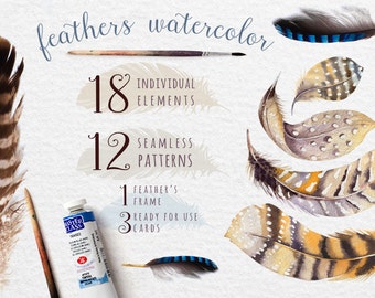 Feathers- Clipart pack5 -Collection - Digital Image, PNG Watercolor feather DIY. Boho style. Hand painted set