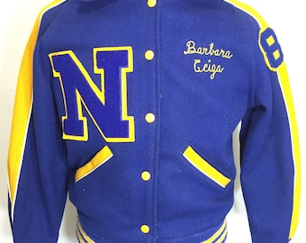 60's vintage wool varsity jacket patches button up blue yellow lettermans jacket