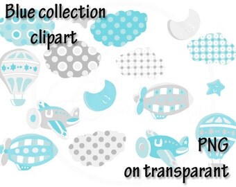 Digital Hot Air Balloon Blue Clipart, Air Plane Clipart, Zeppelin Clipart, Clouds, Moon, Stars, Hot Air Balloon, Clip Art, Blue Collection