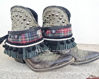 Wild layer boots,punk boot cuffs,Boot fringe,Boot Wrap,rock cover boots,concho cuffs,tartan wrap,Boot Bracelet,Bohemian boots,gypsy boots