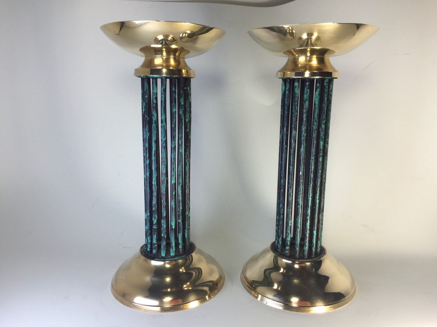 Heavy Brass Pillar Candle Holder & Variegated Green. Set of 2