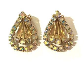 Vintage aurora borealis rhinestone raindrop clip on earrings