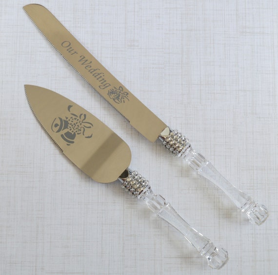  Unique  Wedding  Cake  Server and Knife  Set  Rhinestone Ribbon