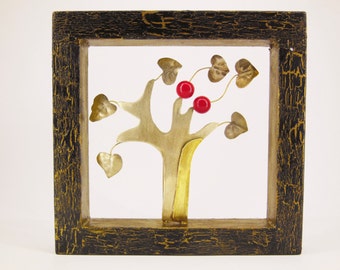 Metal Tree Of Life Sculpture, Brass And Nickel Silver Tree With Red Beads In Crackled Wooden Frame, Wall Or Table Art, Art Gift, Unique Gift
