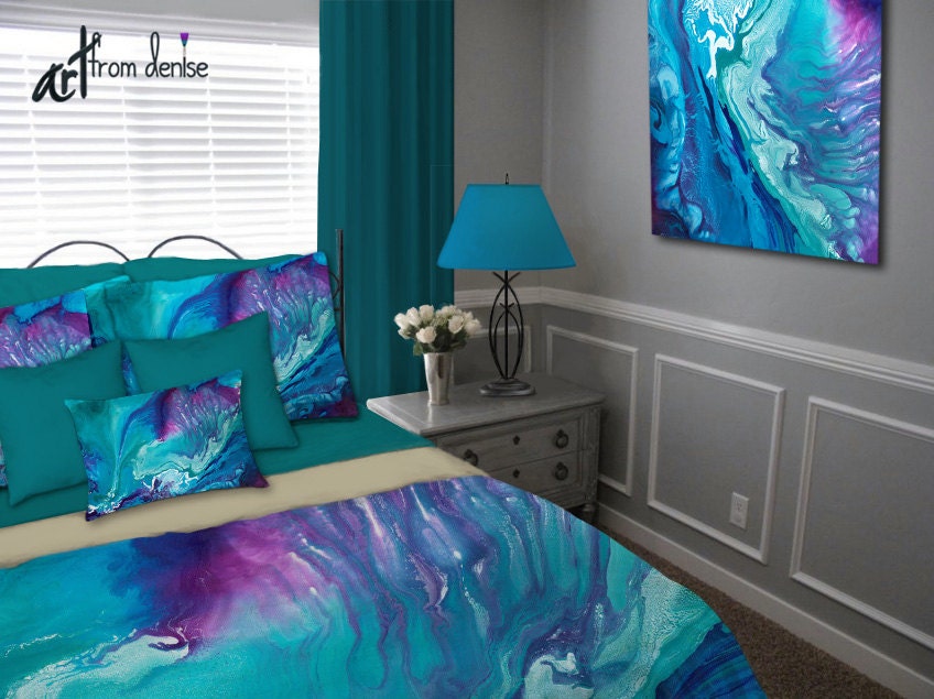 Duvet Cover Aqua teal purple plum Jewel tone Bedding set