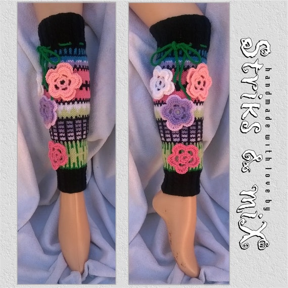 Knit socks with flowers Hand made flowers legwarmers black