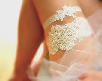 Lace Garter Set, Ivory Lace Garter, Wedding Garter Set, Alencon Lace Garter, Beaded Lace Garter