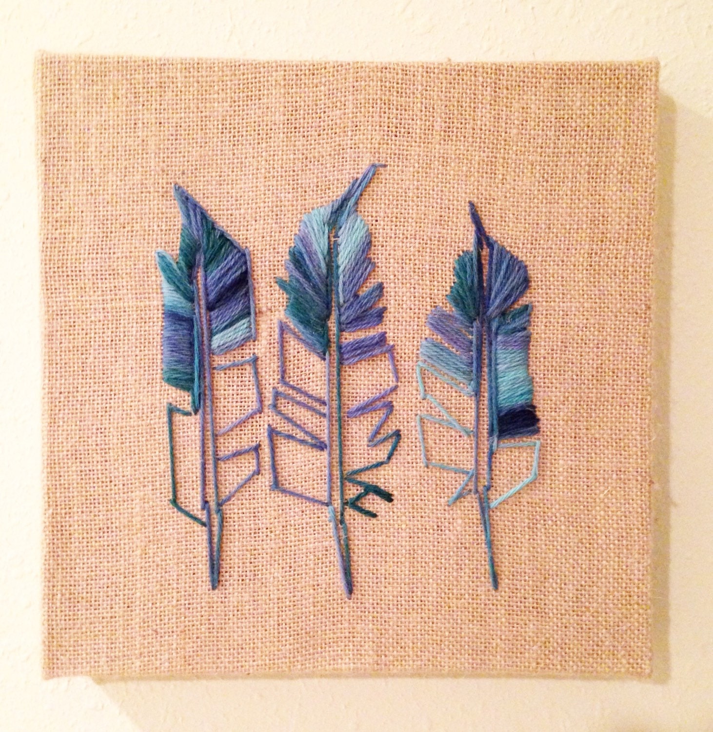 Embroidered Feathers on Burlap with Hand Dyed by WoodFiberSpirit