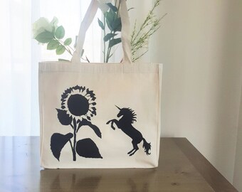 Market Bag - Unicorn bag - sunflower bag - hand painted bag - handmade tote bag - shopping bag - library bag