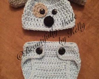 Crocheted Puppy Baby Beanie and Diaper Cover Set- Newborn