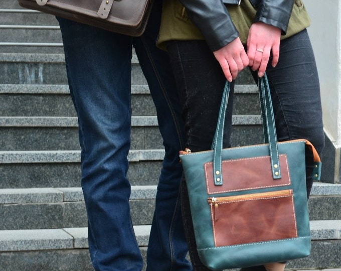 Leather tote, Leather Tote bag, Woman Handbag, Leather Shoulder bag, Green large tote bag, Green bag, Large woman bag